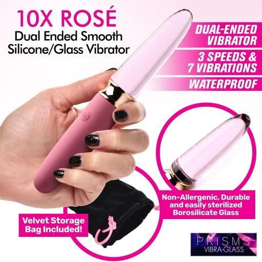 10x Rose Dual Ended Smooth Silicone And Glass Vibrator