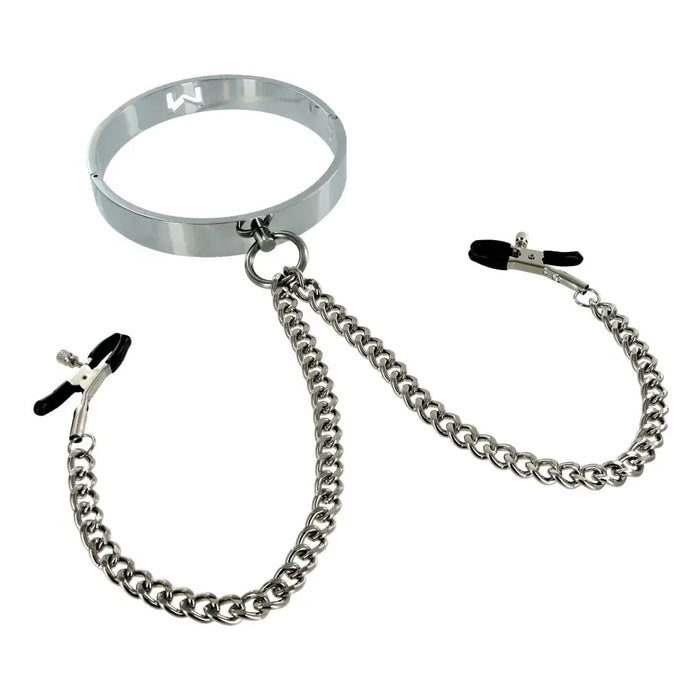 Chrome Slave Collar With Nipple Clamps