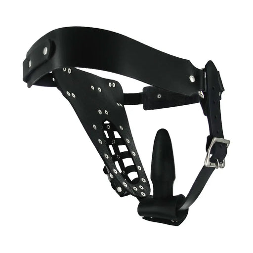 The Safety Net Leather Male Chastity Belt with Anal Plug